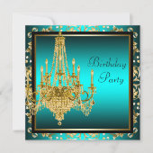 Invitation Turquoise Blue Gold Damask Chandelier fête d'anniv (Devant)