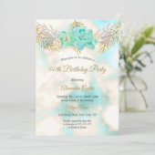 Invitation Turquoise Blue Gold Floral Aquarelle fête d'annive (Debout devant)