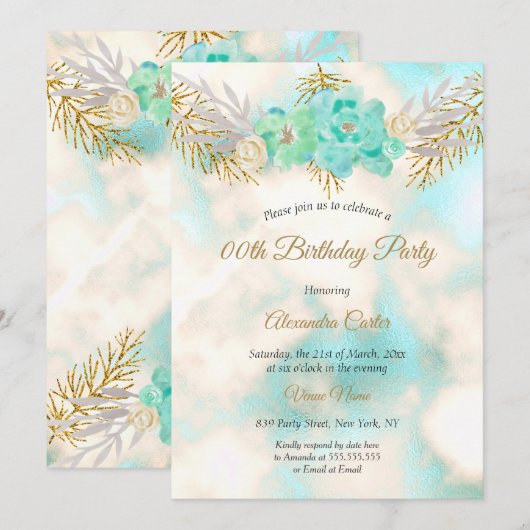 Invitation Turquoise Blue Gold Floral Aquarelle fête d'annive (Devant / Derrière)