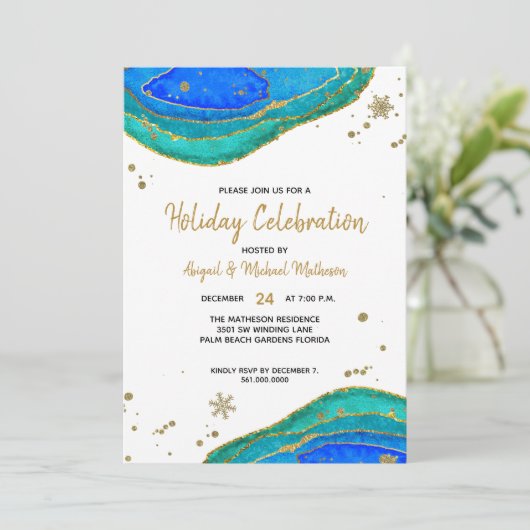 Invitation Turquoise Blue & Gold Geode Agate Hanoukka Holiday (Debout devant)