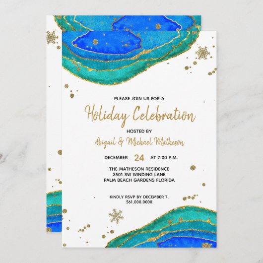 Invitation Turquoise Blue & Gold Geode Agate Hanoukka Holiday (Devant / Derrière)