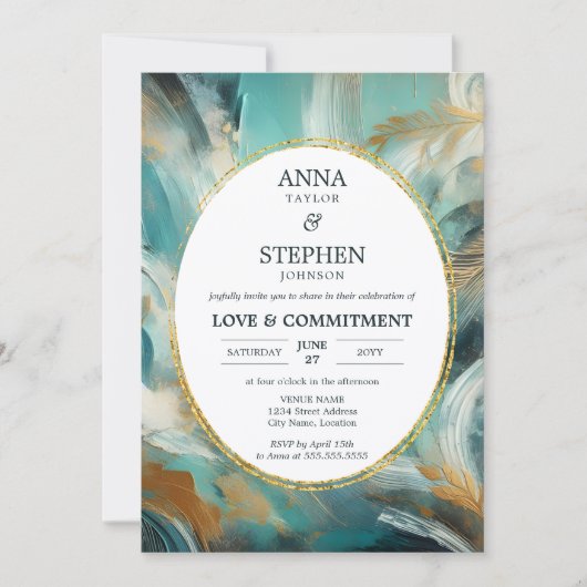 Invitation Turquoise Blue Gold Love & Commitment Ceremony (Devant)