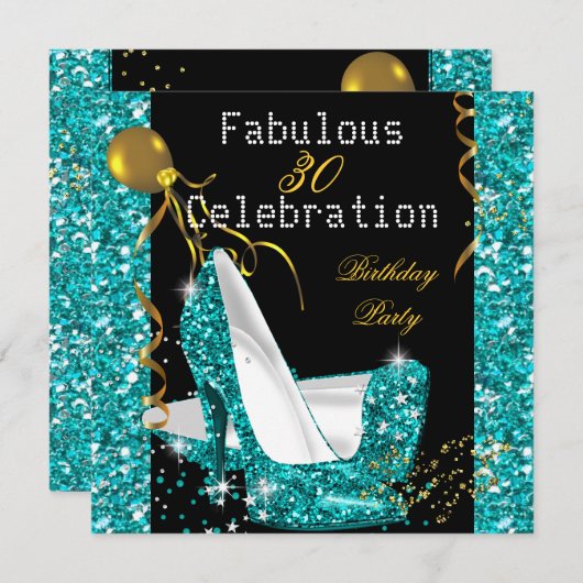 Invitation Turquoise Blue Gold Parties scintillant talons hau (Devant / Derrière)