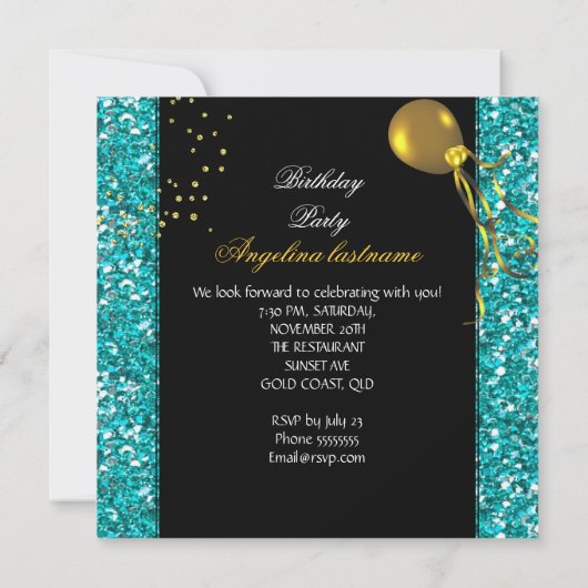 Invitation Turquoise Blue Gold Parties scintillant talons hau (Dos)