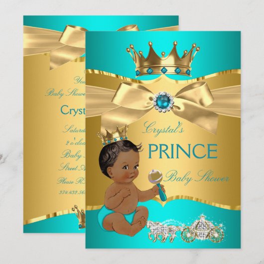 Invitation Turquoise Blue Gold Prince Baby shower ethnique (Devant / Derrière)
