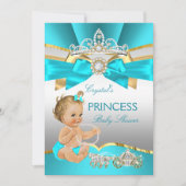 Invitation Turquoise Blue Gold Princess Baby shower Blonde (Devant)