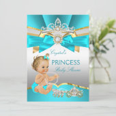 Invitation Turquoise Blue Gold Princess Baby shower Blonde (Debout devant)