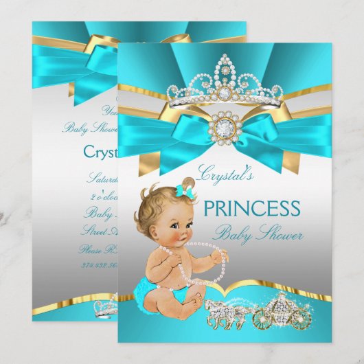 Invitation Turquoise Blue Gold Princess Baby shower Blonde (Devant / Derrière)
