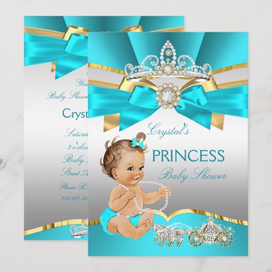 Invitation Turquoise Blue Gold Princesse Baby shower Brunette (Devant / Derrière)