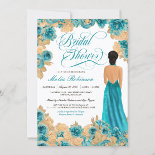 Invitation Turquoise Blue & Gold Roses Elegant Gown Fête des