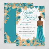 Invitation Turquoise Blue & Gold Roses Elegant Gown Fête des  (Devant / Derrière)