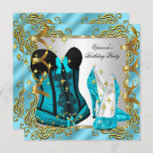 Invitation Turquoise Blue Gold Silver Corset High Heure Party (Devant / Derrière)