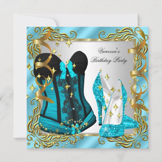 Invitation Turquoise Blue Gold Silver Corset High Heure Party (Devant)