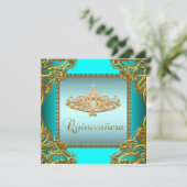 Invitation Turquoise Blue Gold Tiara Quinceanera (Debout devant)