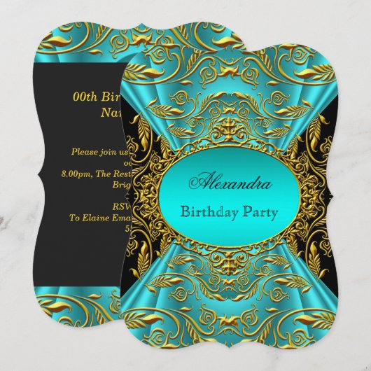 Invitation Turquoise Blue Green Jade Black Floral fête d'anni (Devant / Derrière)
