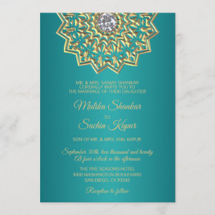 Invitation Turquoise Blue Green Mandala Gold Mariage indien