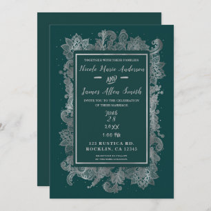 Invitation Turquoise Blue Green & Silver Elegant Floral Maria
