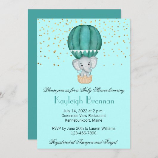 Invitation Turquoise Blue Hot Air Balloon Baby Boy Elephant D (Devant / Derrière)