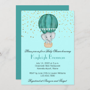 Invitation Turquoise Blue Hot Air Balloon Baby Boy Elephant D
