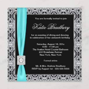 Invitation Turquoise Blue Lace Black Sweet sixteen Party