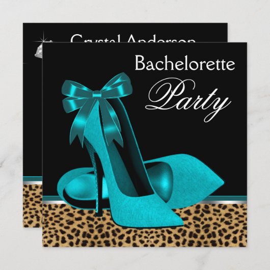 Invitation Turquoise Blue Leopard High Heels Bachelorette Par (Devant / Derrière)
