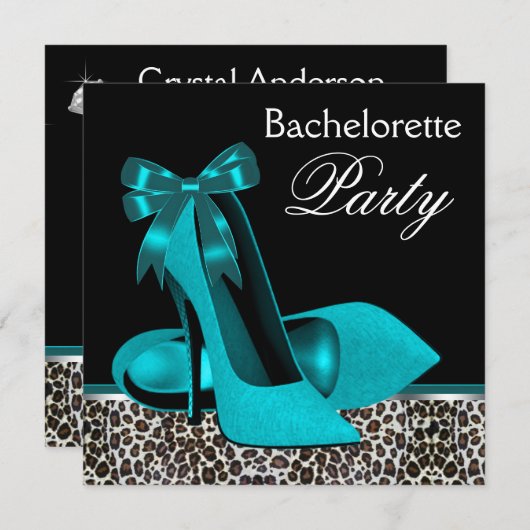 Invitation Turquoise Blue Leopard High Heels Bachelorette Par (Devant / Derrière)