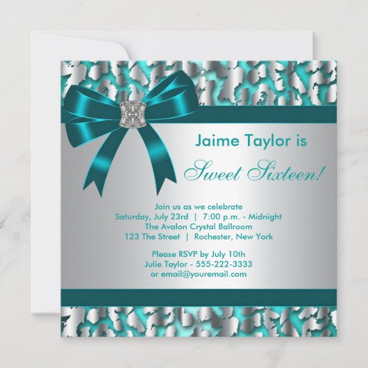 Invitation Turquoise Blue Leopard Sweet 16 Anniversaire (Devant)