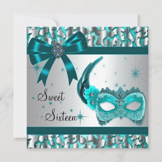 Invitation Turquoise Blue Leopard Sweet sixteen Masquerade Pa (Devant)