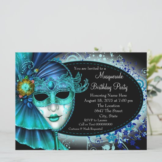 Invitation Turquoise Blue Midnight Masquerade Party (Debout devant)