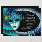 Invitation Turquoise Blue Midnight Masquerade Party (Devant / Derrière)