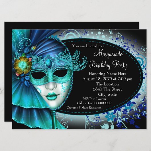 Invitation Turquoise Blue Midnight Masquerade Party (Devant / Derrière)