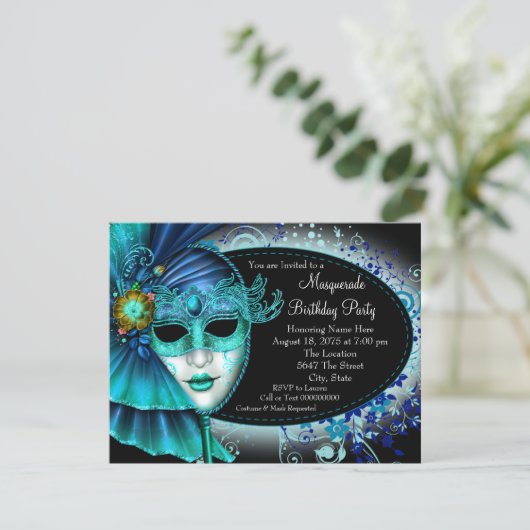 Invitation Turquoise Blue Midnight Masquerade Party (Debout devant)