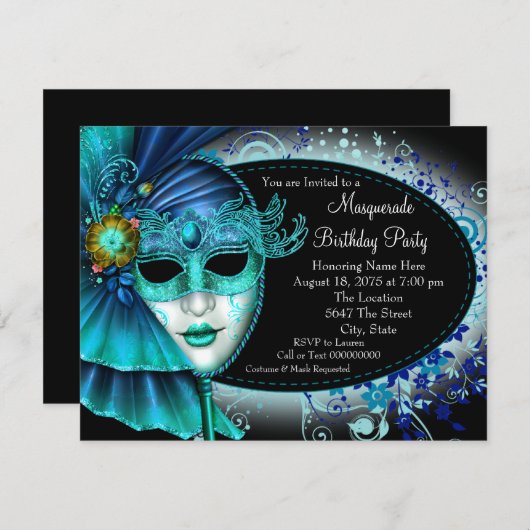 Invitation Turquoise Blue Midnight Masquerade Party (Devant / Derrière)