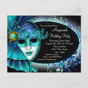 Invitation Turquoise Blue Midnight Masquerade Party