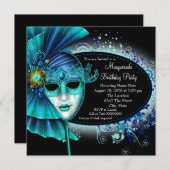 Invitation Turquoise Blue Midnight Masquerade Party (Devant / Derrière)