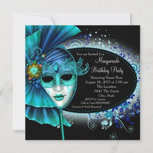 Invitation Turquoise Blue Midnight Masquerade Party (Devant)