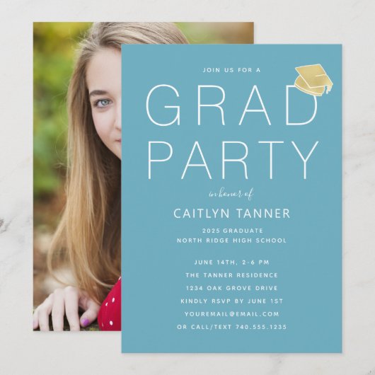 Invitation Turquoise Blue Modern Photo Graduation Party (Devant / Derrière)