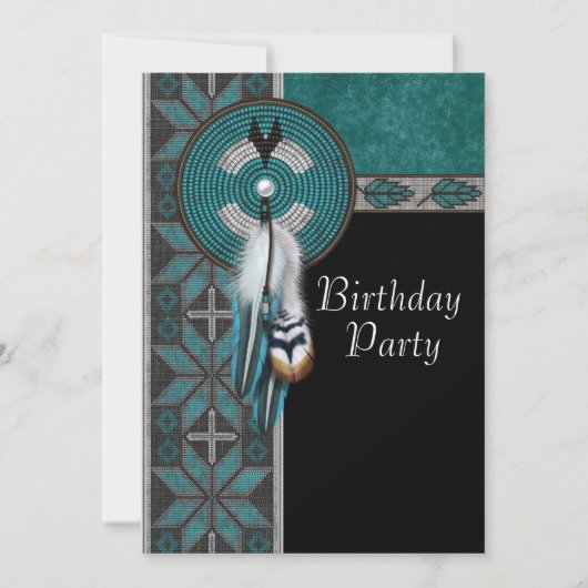 Invitation Turquoise Blue Native American Birthday Party (Devant)