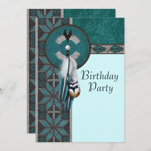 Invitation Turquoise Blue Native American Birthday Party (Devant / Derrière)