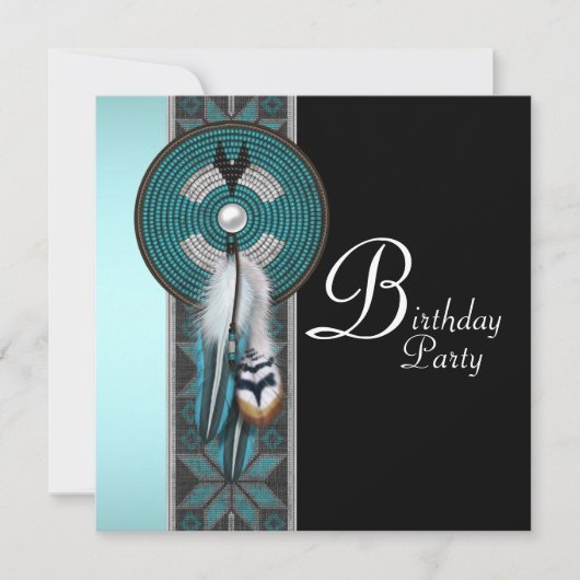 Invitation Turquoise Blue Native American Birthday Party (Devant)