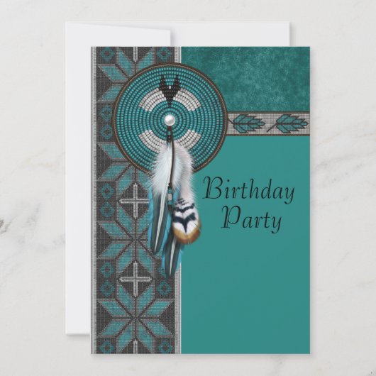 Invitation Turquoise Blue Native American Birthday Party (Devant)