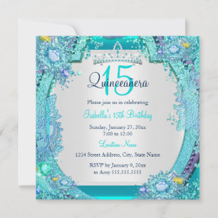 Invitation Turquoise Blue Ocean Gems Quinceanera Photo Annive