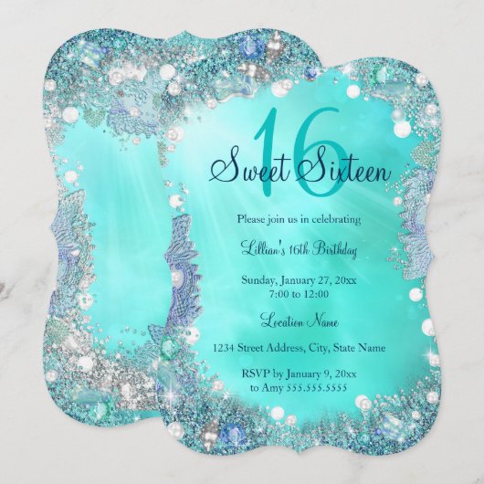 Invitation Turquoise Blue Ocean Pearls Sweet 16 Anniversaire (Devant / Derrière)