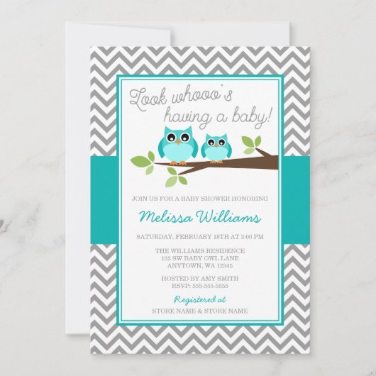 Invitation Turquoise Blue Owl Grey Chevron Boy Baby shower (Devant)