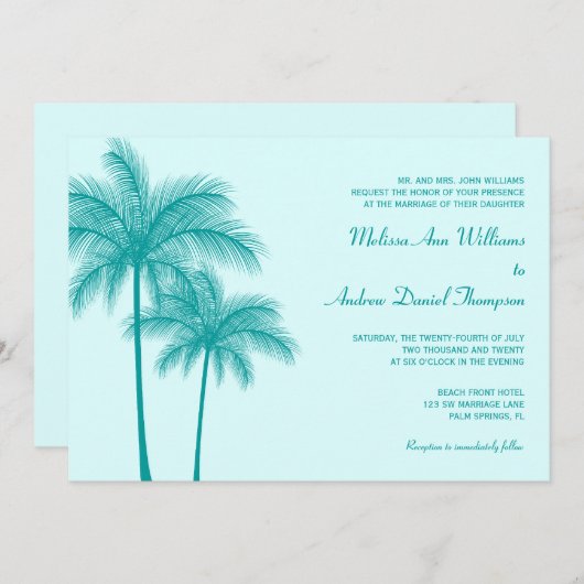 Invitation Turquoise Blue Palm Tree Tropical Mariage (Devant / Derrière)