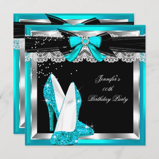 Invitation Turquoise Blue Parties scintillant Hi Heures Silve (Devant / Derrière)