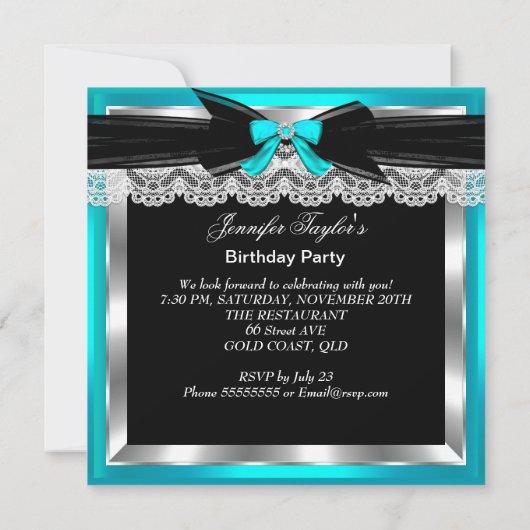 Invitation Turquoise Blue Parties scintillant Hi Heures Silve (Dos)