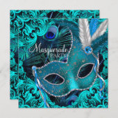 Invitation Turquoise Blue Peacock Masquerade Party (Devant / Derrière)