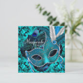 Invitation Turquoise Blue Peacock Masquerade Party (Debout devant)