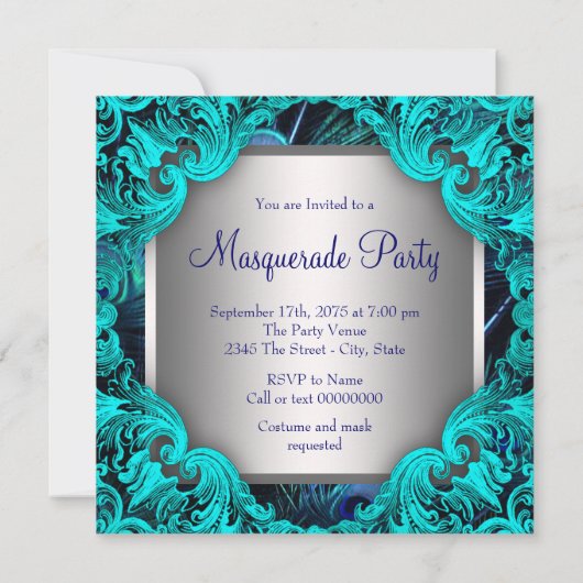 Invitation Turquoise Blue Peacock Masquerade Party (Dos)